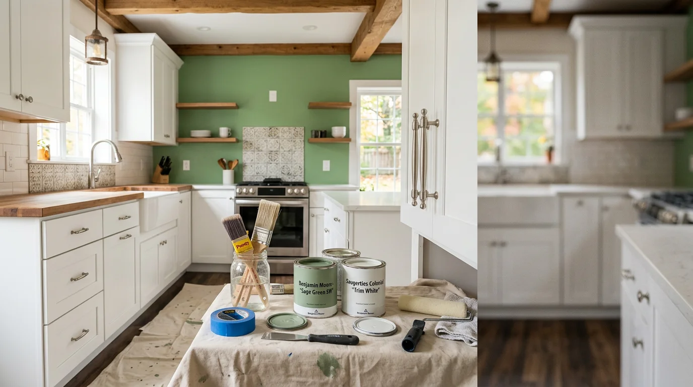 Modern kitchen renovation with painted cabinets and finished walls