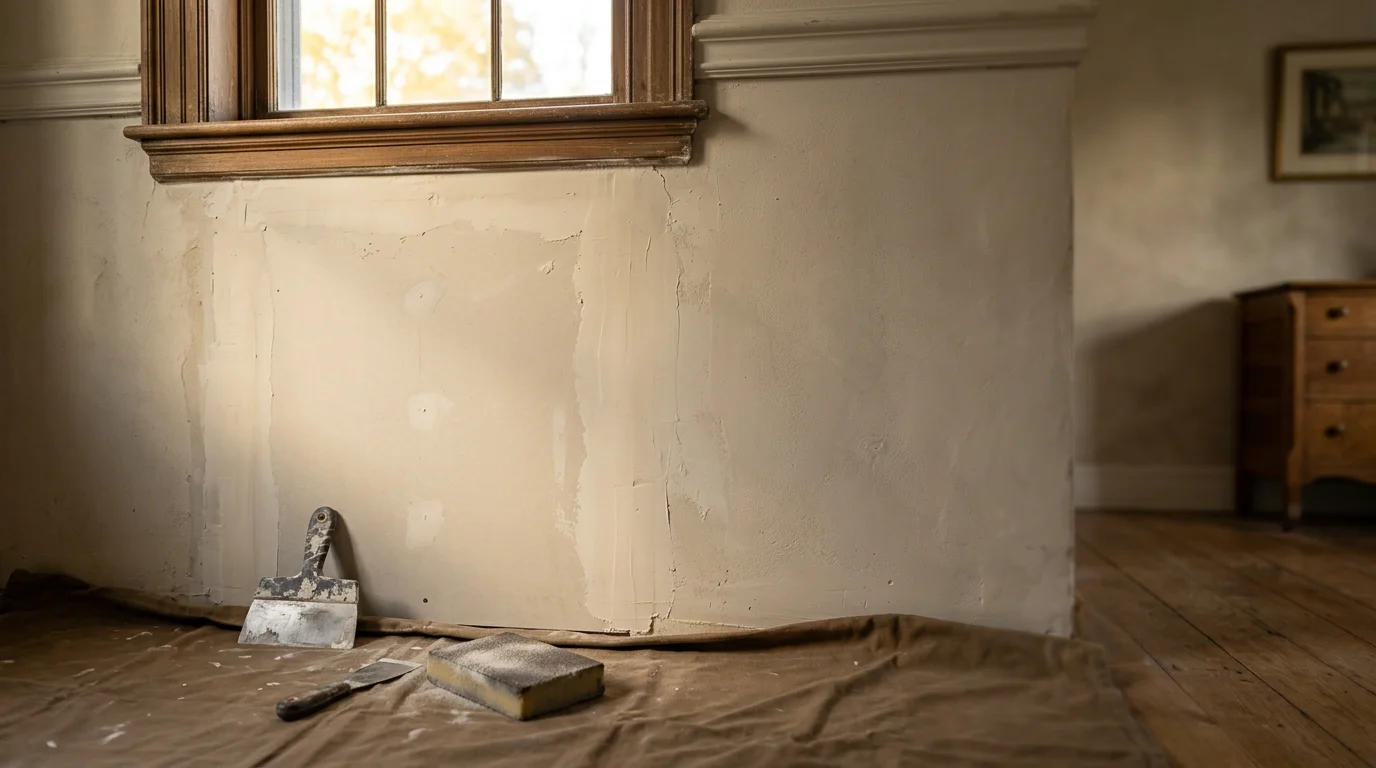 Plasterer repairing drywall damage on interior wall