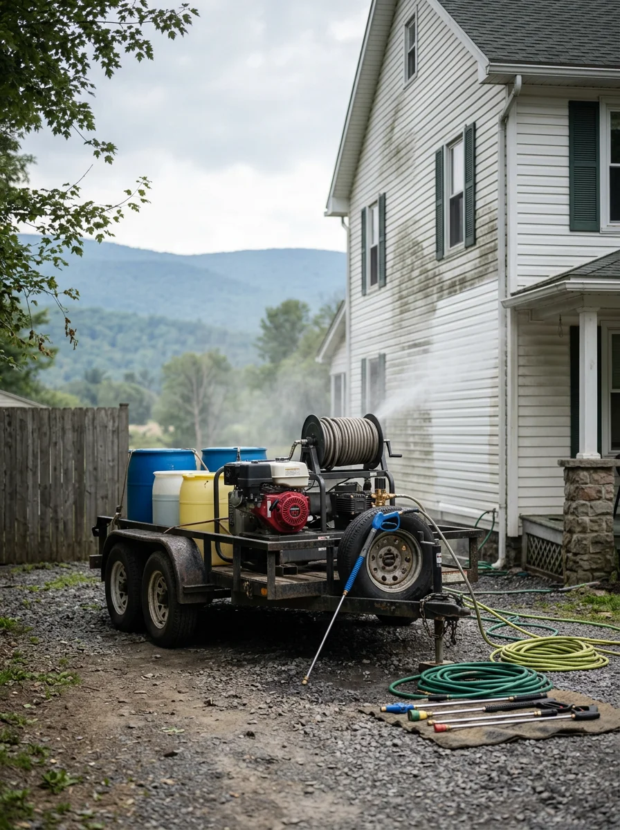 Pressure washing crew removing mildew from the north-facing siding of a hillside home near Palenville, NY, with the Catskill Mountain foothills rising behind the property.