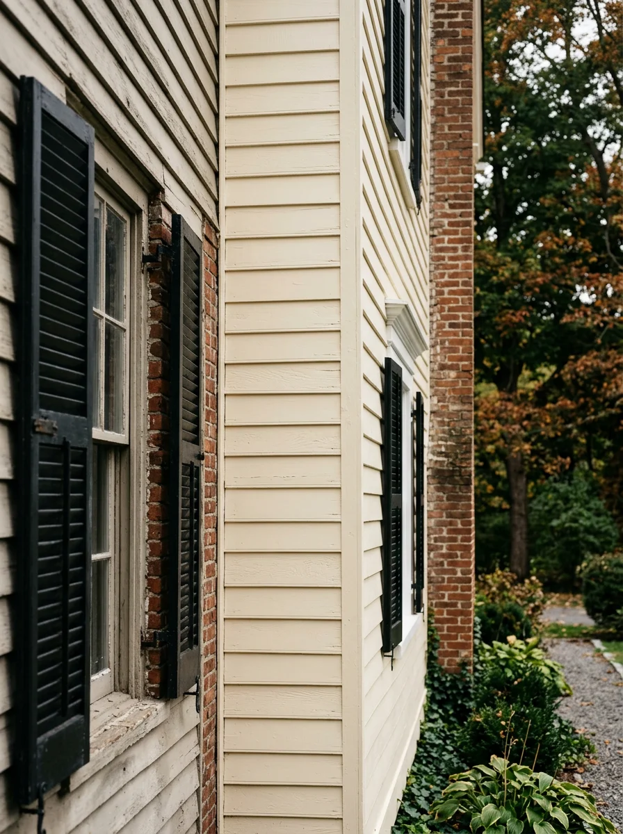 Painter applying a fresh coat to original wood clapboard siding on a historic village home in Red Hook, NY, with a narrow side yard and original window shutters visible.