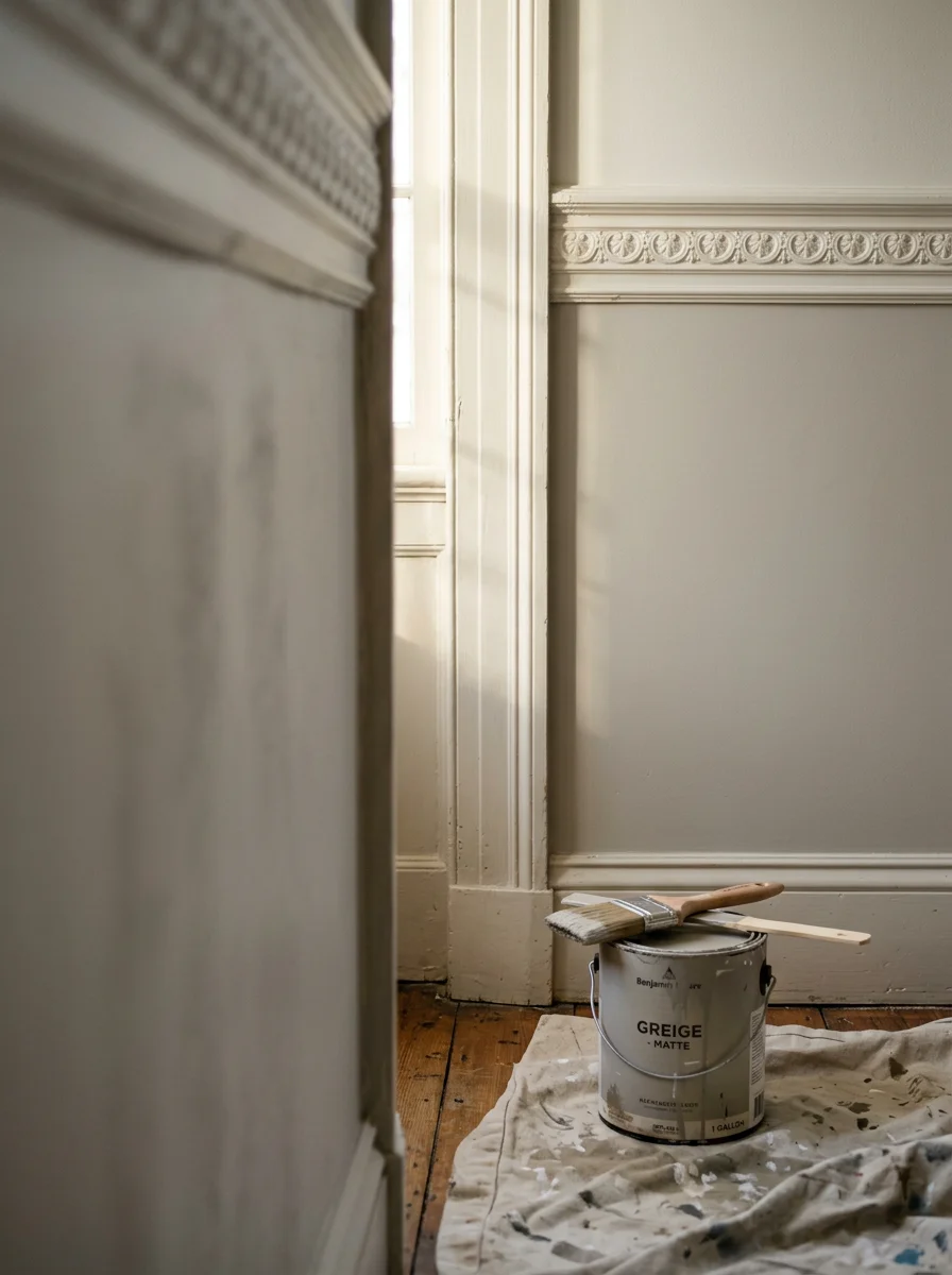 Interior painter cutting in around original plaster crown molding in a renovated Federal-style home in Hudson, NY, with freshly painted walls and original wood trim.