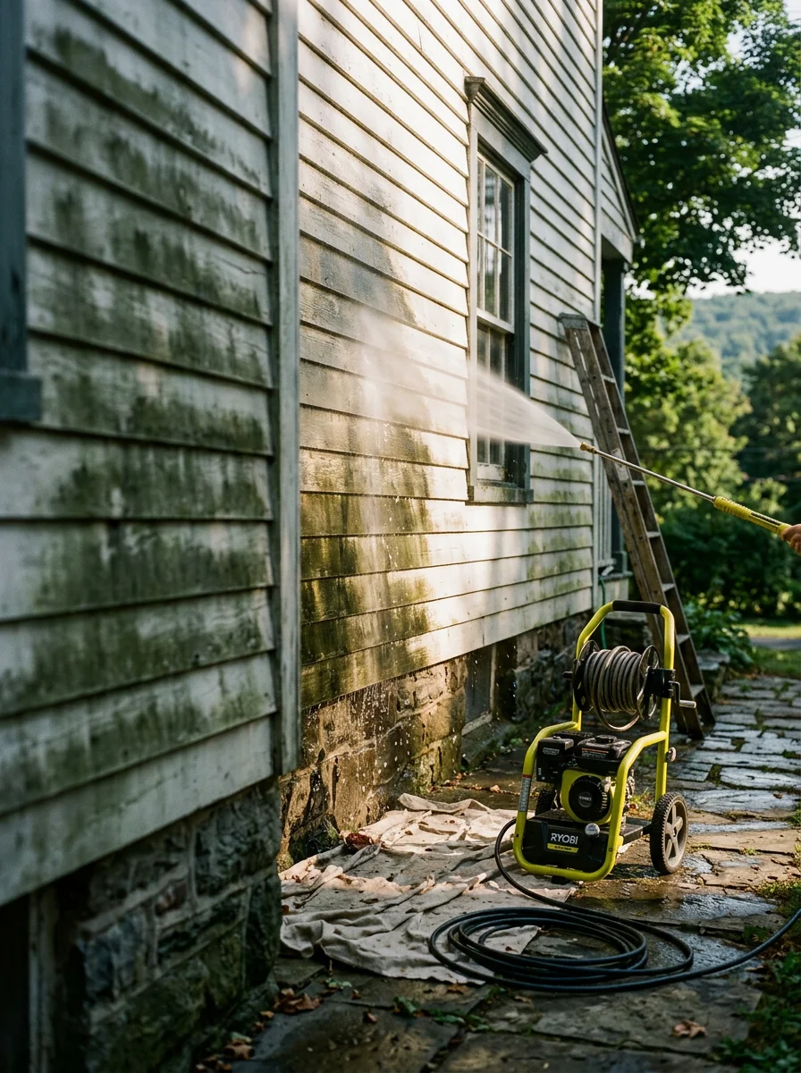 Pressure washing crew cleaning green mildew from the clapboard siding of a historic Hudson Valley farmhouse before exterior painting begins.