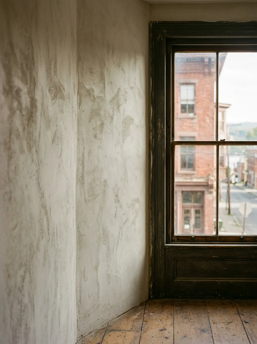 Interior painter repairing and painting original plaster walls in a historic Rondout District home in Kingston, NY, with original wood window trim and wide-plank floors visible.