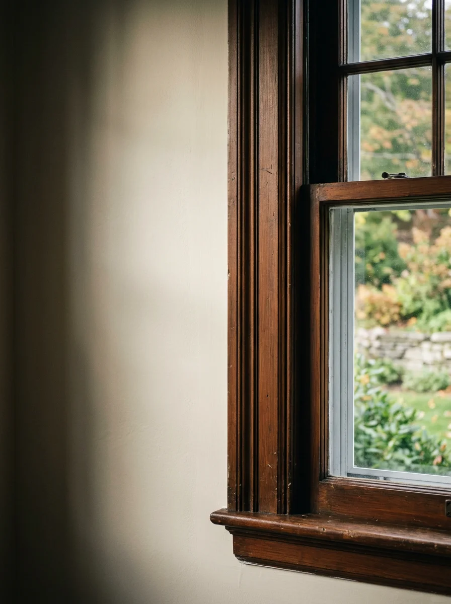 Close-up of freshly repaired and painted plaster walls inside a historic Millbrook, NY home, showing smooth finish around original window trim.