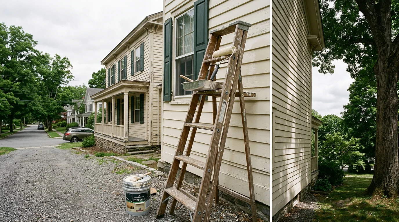 Painter applying exterior paint to the wood siding of a pre-war colonial home on a tree-lined street in Millbrook, NY, with a ladder set against the north-facing facade.