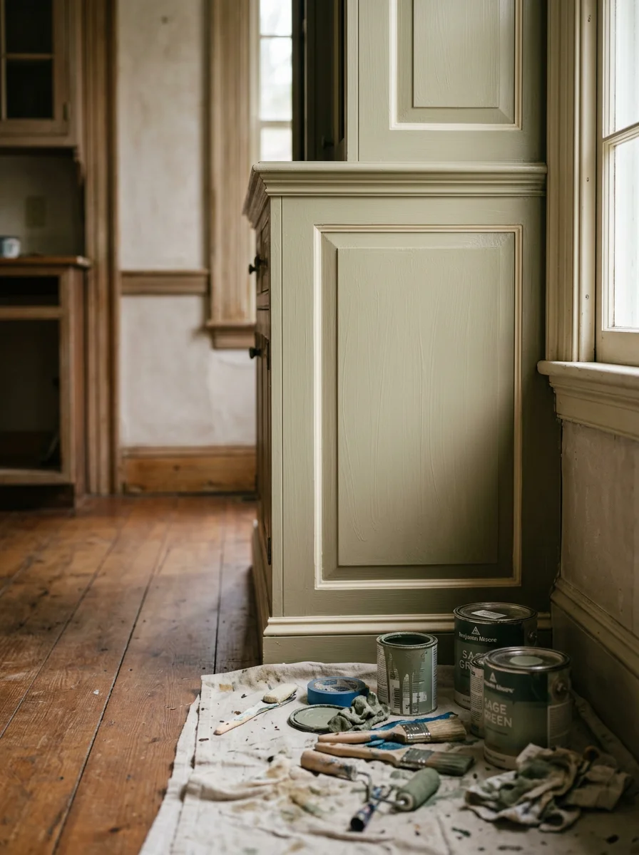 Painter applying a fresh topcoat to solid wood kitchen cabinets in a renovated historic home in Rhinebeck, NY, with original wood trim and wide-plank floors visible in the background.