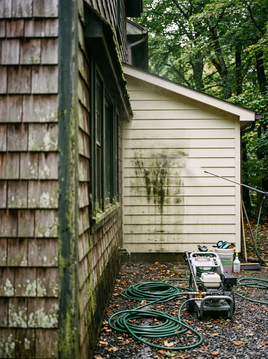 Pressure washing crew removing green mildew from the shaded clapboard siding of a Bearsville, NY home before exterior painting, with dense tree canopy overhead.