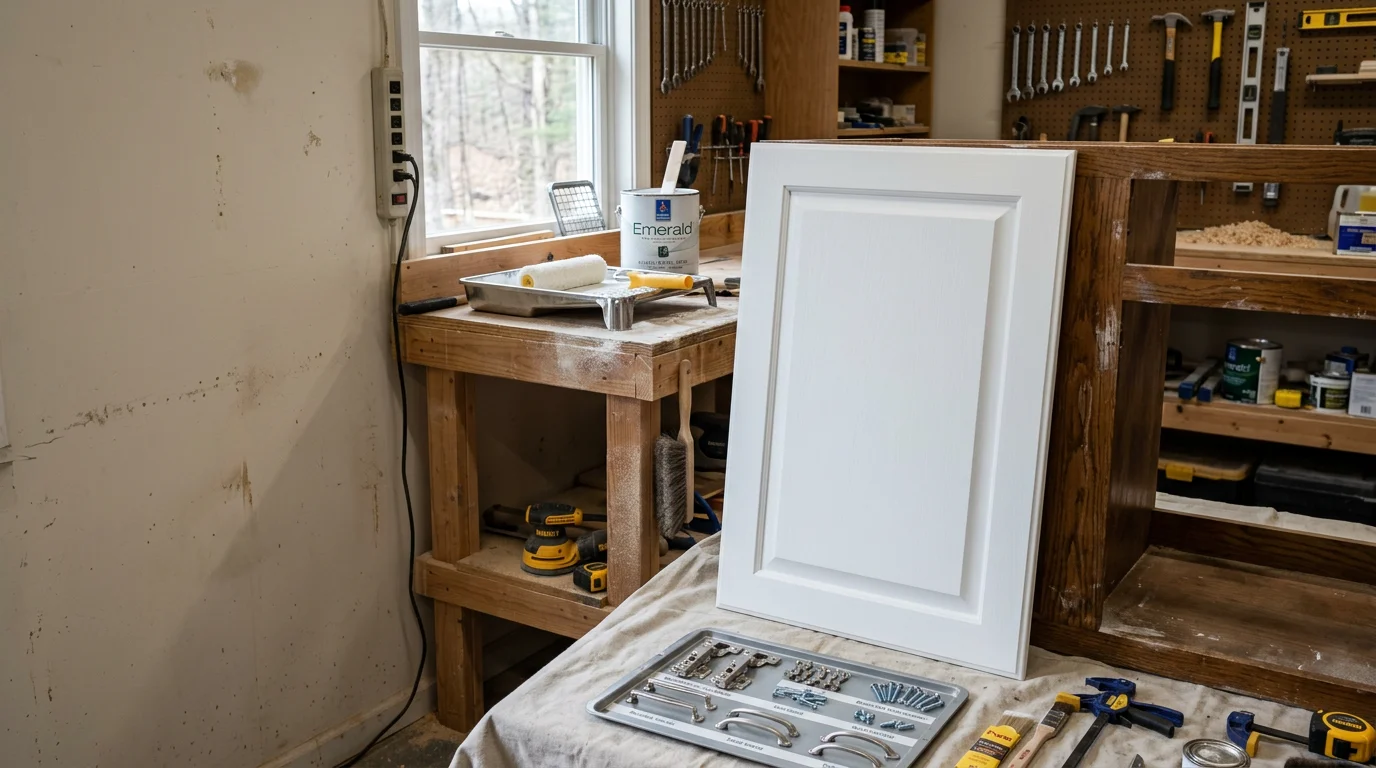 Freshly painted white kitchen cabinets with a smooth, brush-stroke-free finish in a Millbrook, NY home. Close-up shows clean door edges and consistent coverage on both frame and drawer fronts.