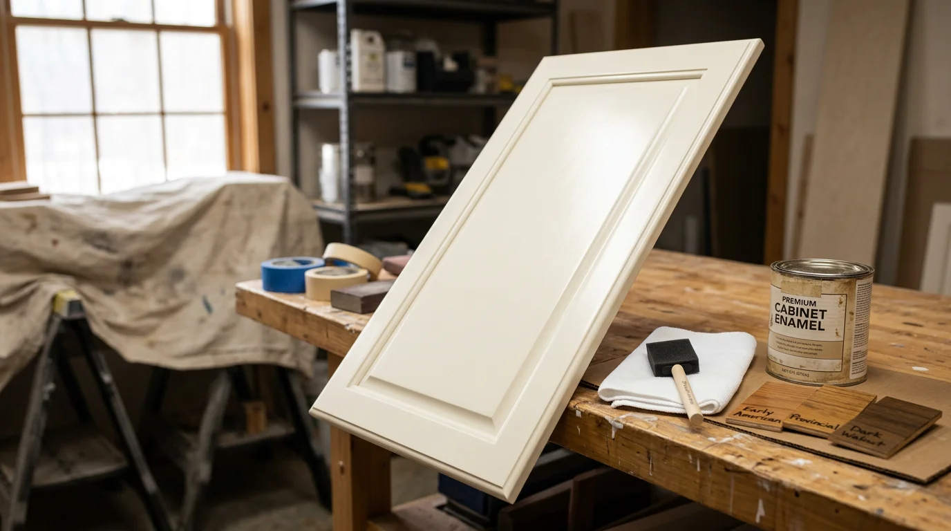 Freshly refinished kitchen cabinets in a Millbrook, NY home, showing smooth, even finish on wood cabinet doors and frames. Close detail of cabinet surface after professional refinishing by Painting Plus in the Hudson Valley.