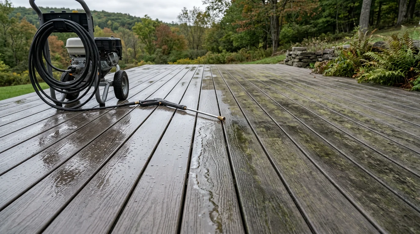 A freshly cleaned wood deck at a Millbrook, NY home, with mold and dark staining removed from the boards and a clear, restored surface visible across the full deck area.