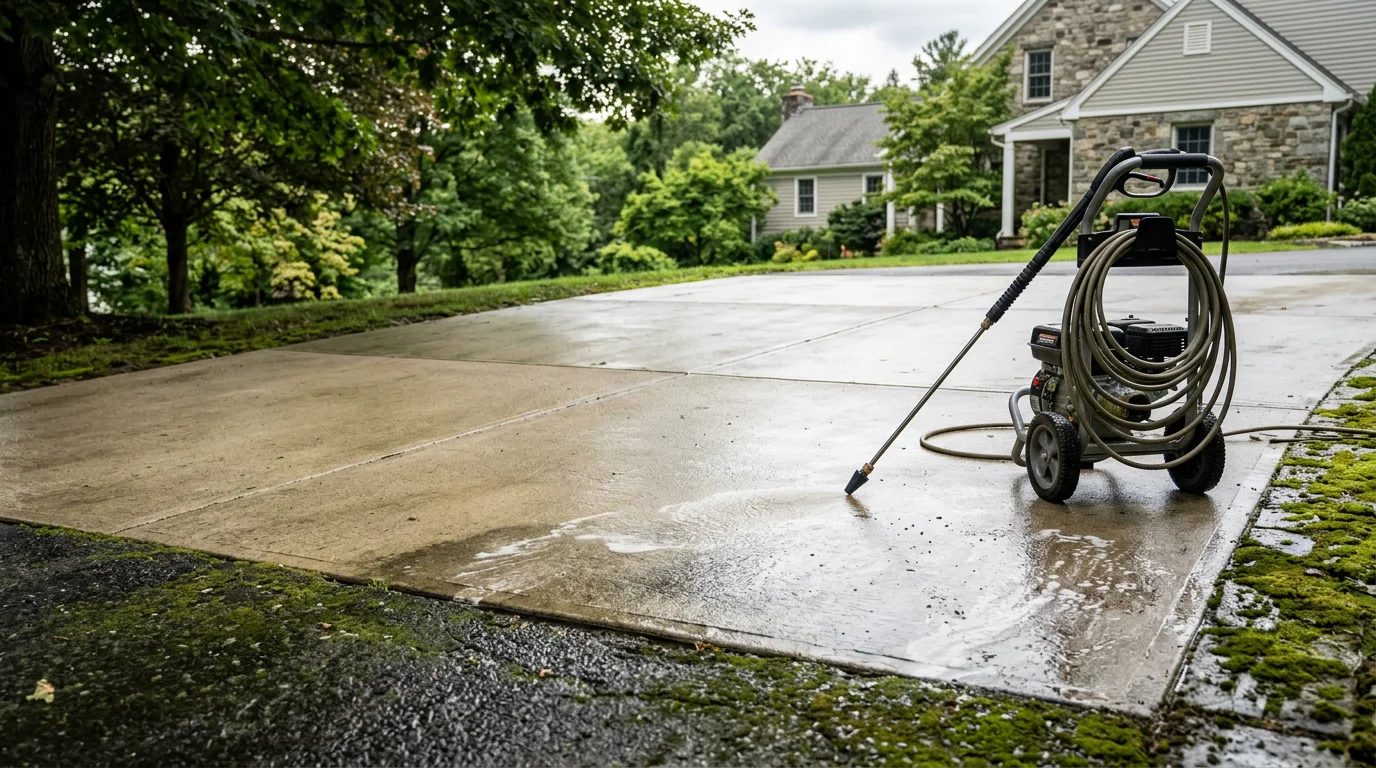 A freshly cleaned concrete driveway at a Millbrook, NY home, showing bright, stain-free surface after algae and grime removal. The surrounding Hudson Valley landscape and tree line are visible in the background.