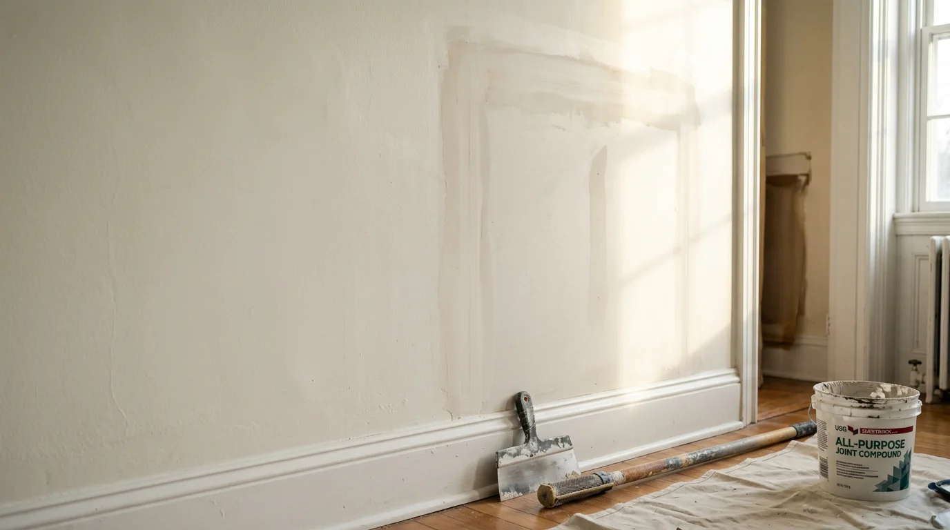 A smooth, freshly repaired drywall surface in a Millbrook, NY home interior, finished and ready for paint. The patched area blends seamlessly with the surrounding wall, showing no visible seams or damage.