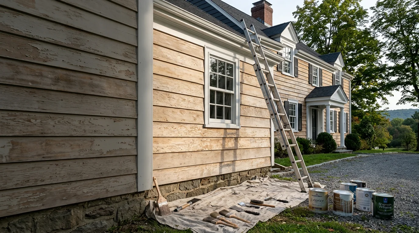 A freshly painted Colonial Revival home exterior in Millbrook, NY, with clean white siding and dark trim work completed by Painting Plus. The finished paint job covers the full facade, including detailed trim, shutters, and front door, set against a Dutchess County rural backdrop.
