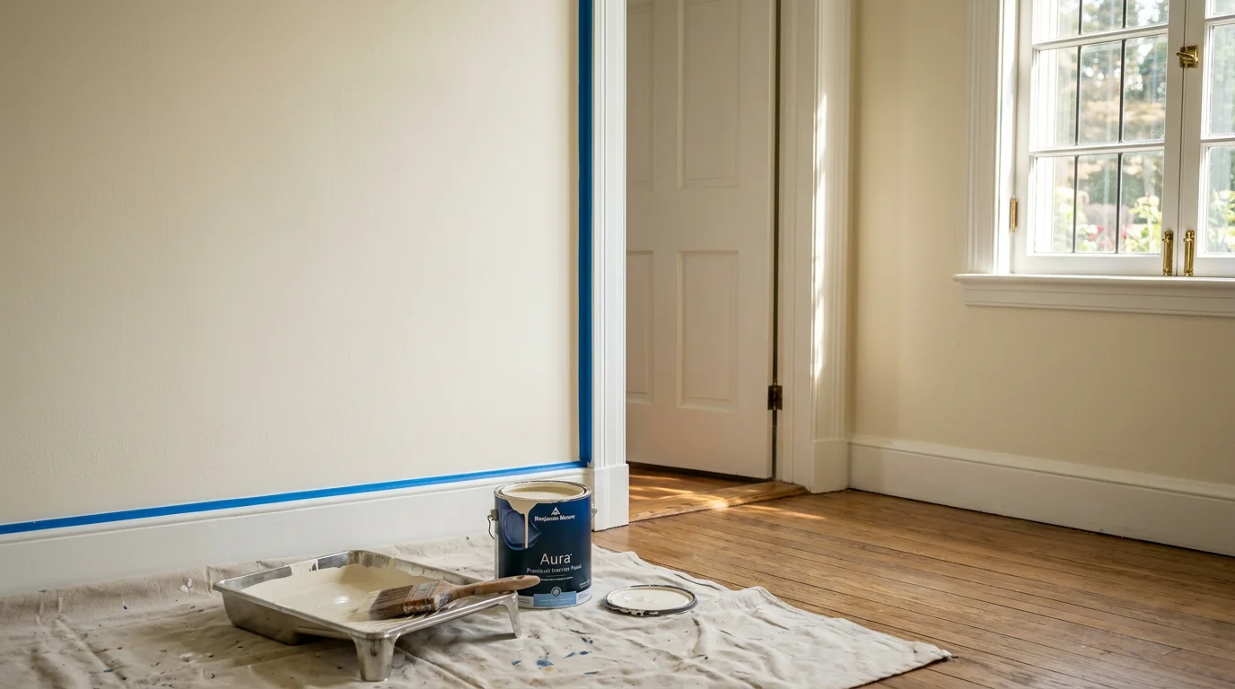 Interior room in a Millbrook, NY home freshly painted by Painting Plus, showing clean trim lines, smooth walls, and a crisp ceiling finish. High-end residential interior painting result in the Hudson Valley.
