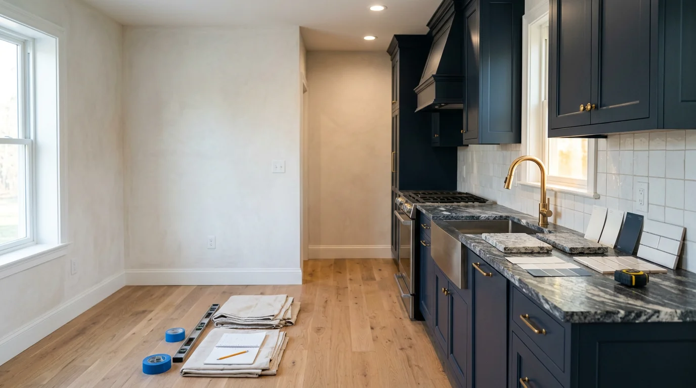 Renovated kitchen in a Millbrook, New York home featuring new cabinet installation, updated countertops, and high-end finish details. Clean, modern layout completed by Painting Plus for a Hudson Valley homeowner.