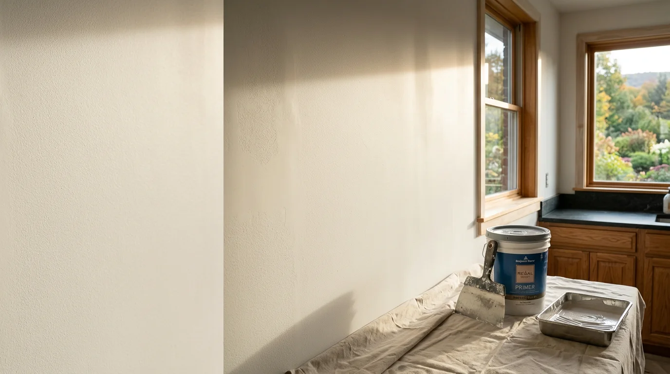 Freshly finished kitchen walls in a Millbrook, New York home showing a smooth, even surface with clean edges around upper cabinets. The completed wall finish reflects high-end prep and paint work by Painting Plus.