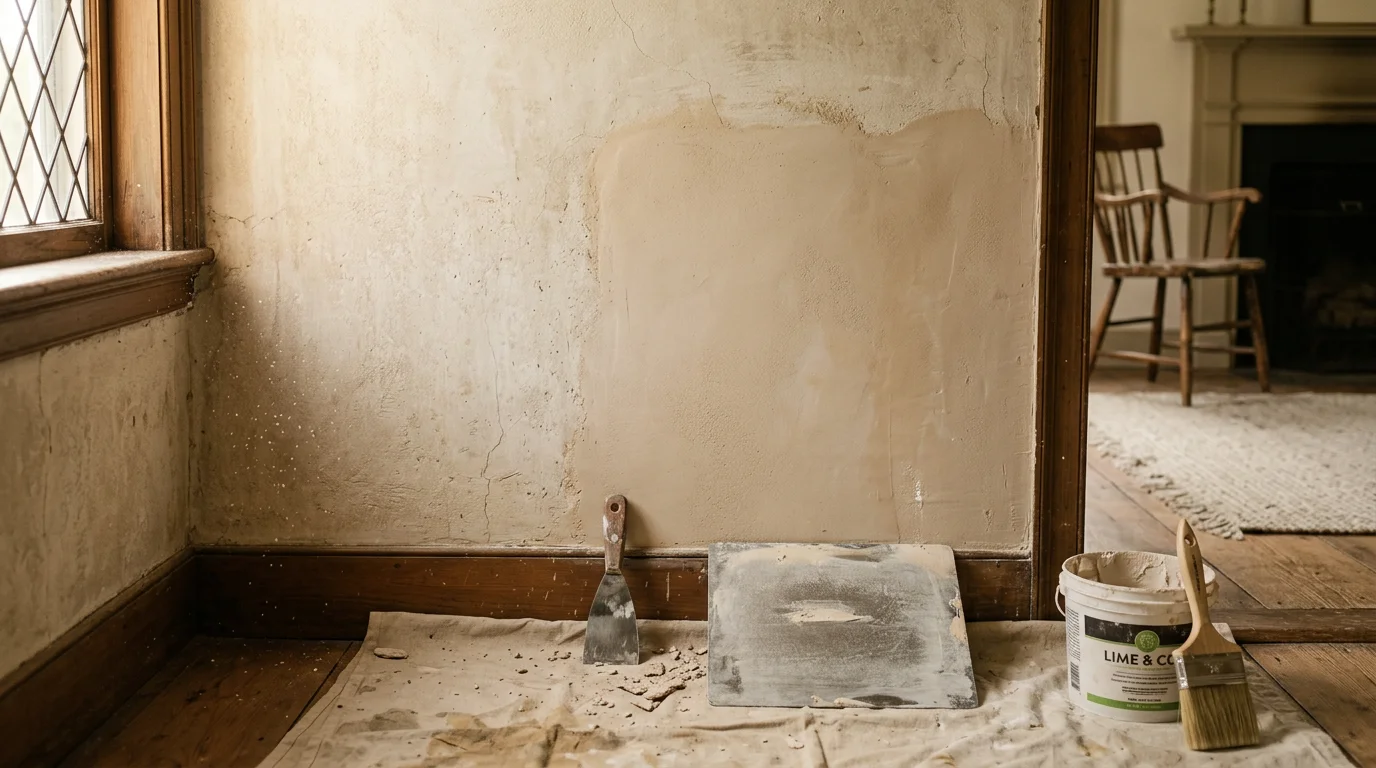 A freshly repaired plaster wall in a Millbrook, NY home showing a smooth, seamless finish with no visible cracks or patching lines. The restored surface blends evenly with the surrounding original plaster in a period-style interior.