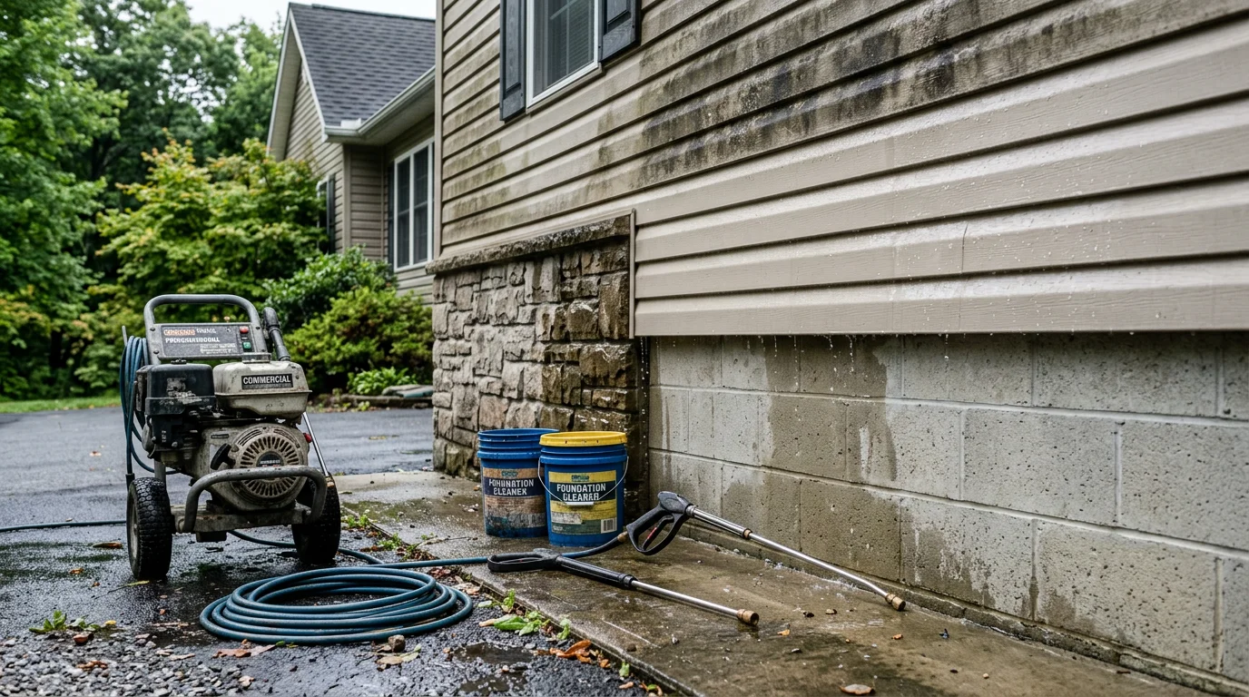 Exterior siding on a Millbrook, NY home being pressure washed, showing clean bright surfaces next to areas still covered in algae and dirt. Hudson Valley residential pressure washing service in progress on a two-story home.